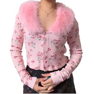 Floral Pink Cardigan with Faux Fur Collar
